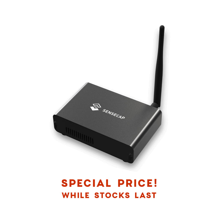 A black SenseCAP-M1 indoor gateway device with an antenna on the top, with text indicating a special price.