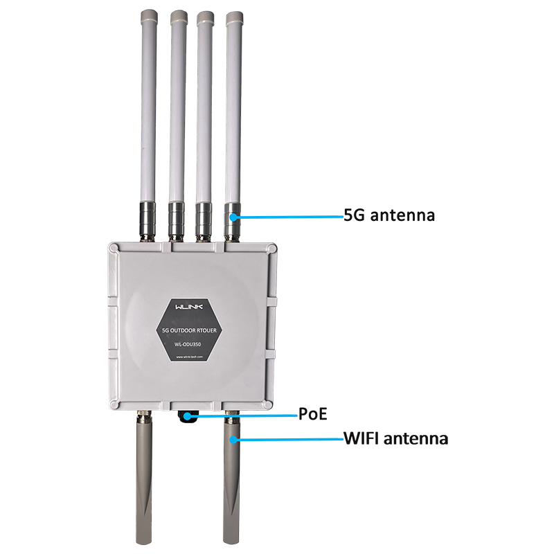 Wlink's WL-ODU350 Outdoor Router with antennas fitted, front view
