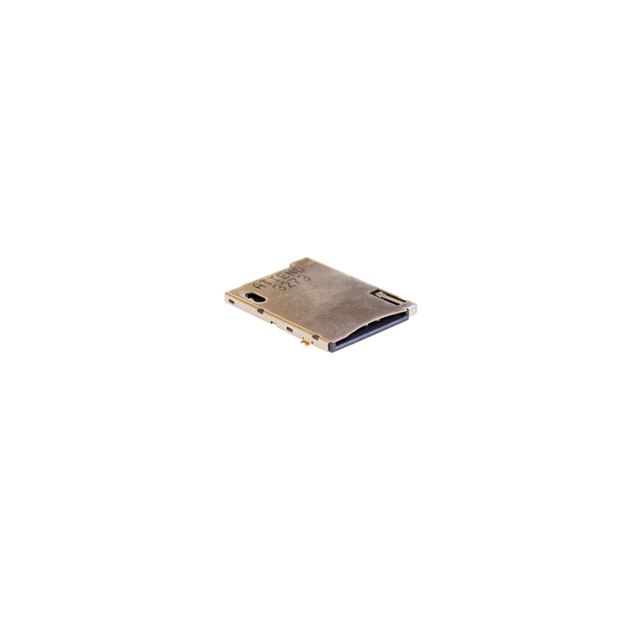 A silver-colored push-push SIM socket with gold plated contacts, viewed from an angle.