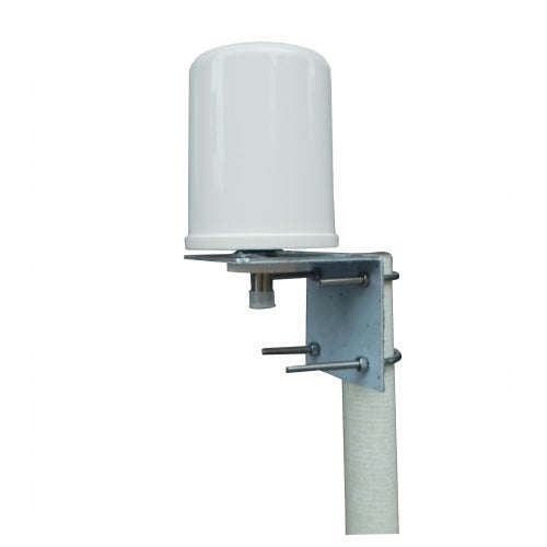 A directional wi-fi antenna with a white parabolic dish mounted on a metal bracket, designed for outdoor/indoor use.