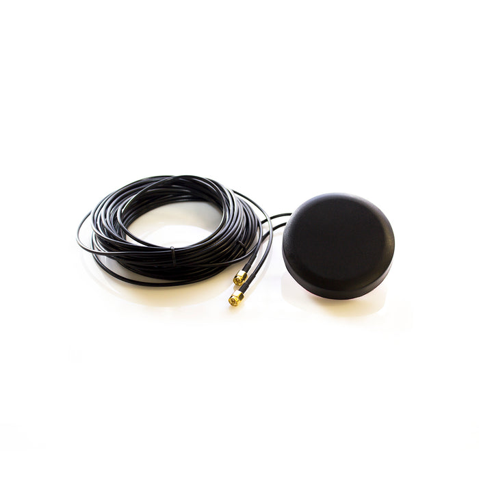 A black, dual-sided LTE antenna with a coaxial cable and a connector, designed for roof mounting.