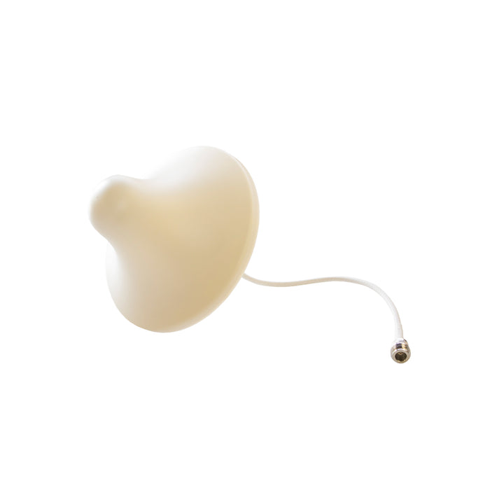 A beige LTE/GSM/3G ceiling mount antenna with an N type jack and attached cable.