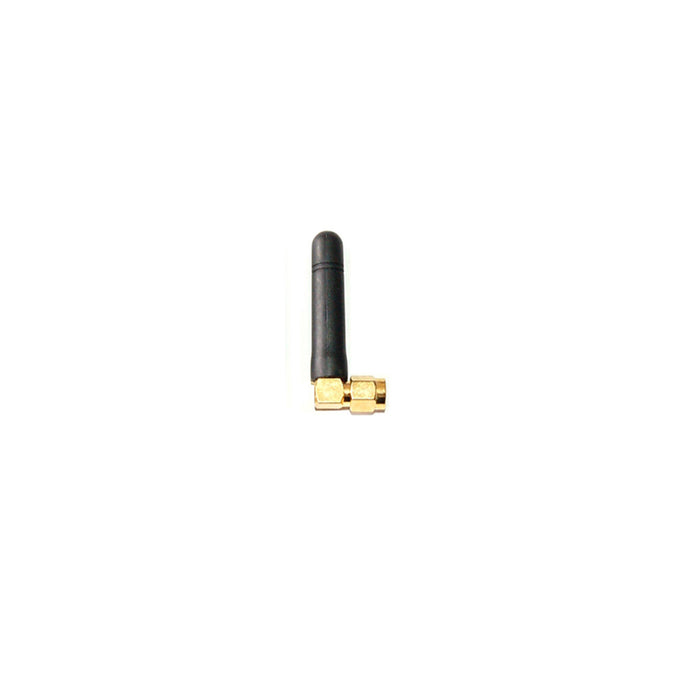 A right angle stubby antenna with a black body and gold-colored connector.