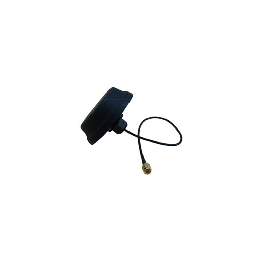 A black dual frequency roof mount WiFi antenna with an attached cable and SMA plug.
