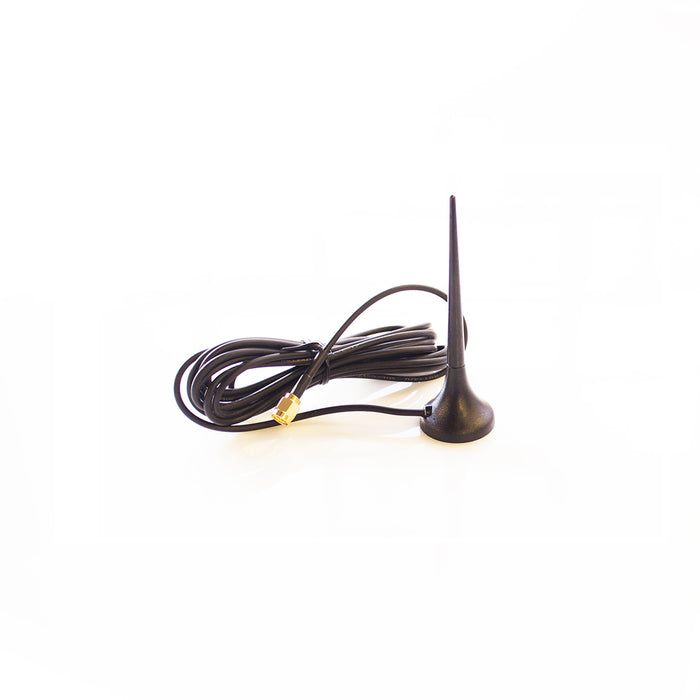A black mini magnetic GSM antenna with a straight SMA plug and a 3 meter length RG174 cable.