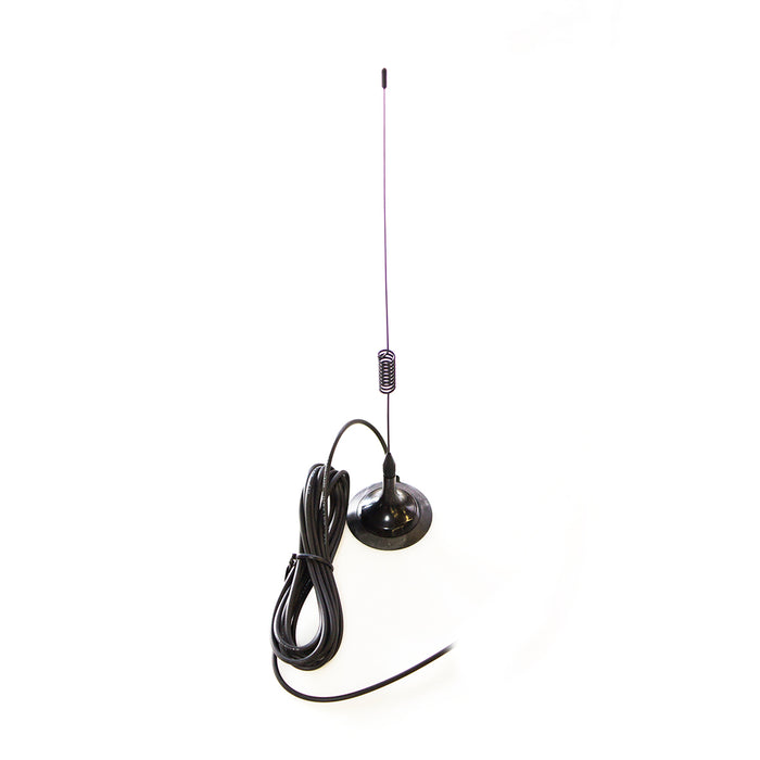 Quad band magnetic GSM whip antenna with a straight SMA plug and 3 meter length RG174 cable, predominantly black in color.