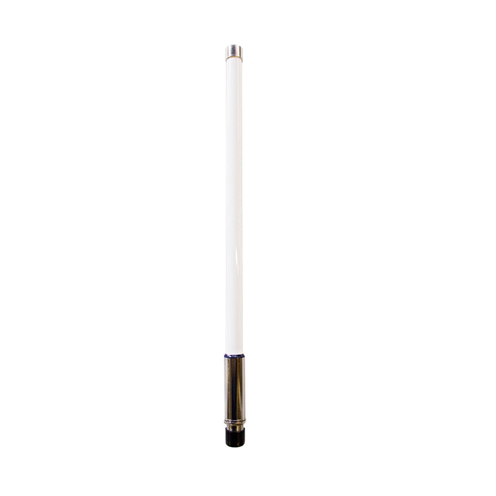 A white, high gain 868MHz omni antenna with a bracket, displaying a metallic connector and an N type receptacle.