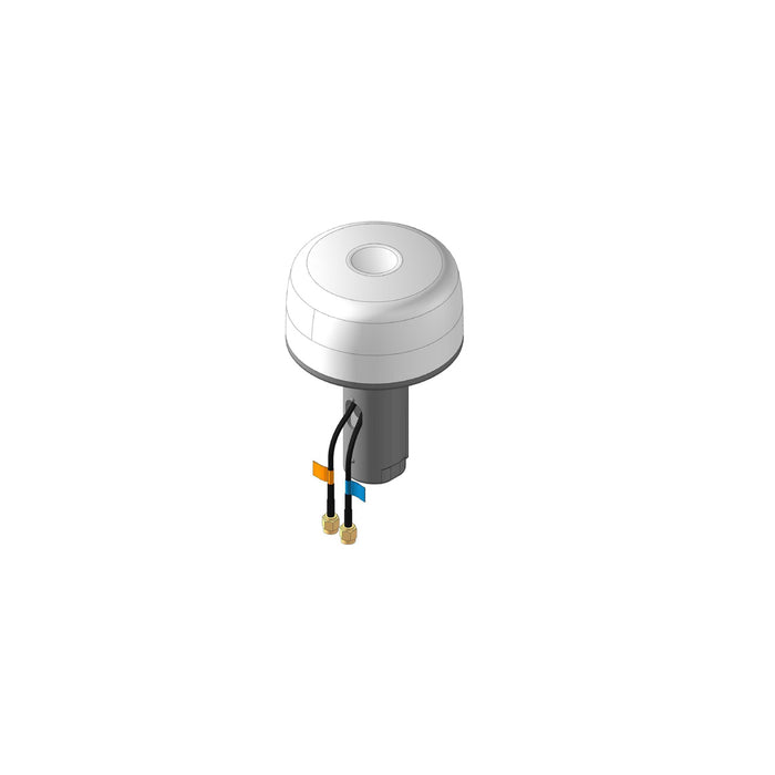 A white and gray cylindrical GPS/GSM combo antenna with two cables and SMA plugs.