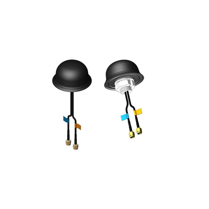 A black vandal proof combo antenna roof mount with two cables and SMA plugs.