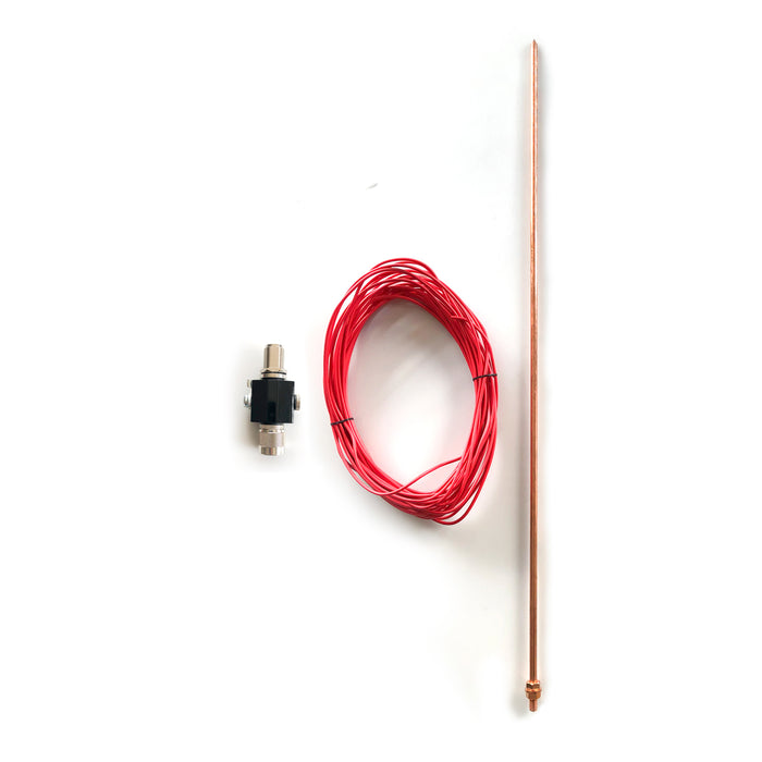 An antenna lightning protection kit with a black N type lightning protector, a red copper braid conductor wire, and a brown ground spike.