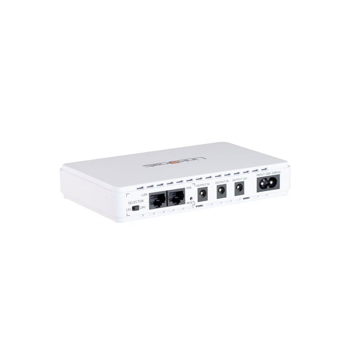 A white mini DC UPS with multiple output ports including USB and Ethernet.