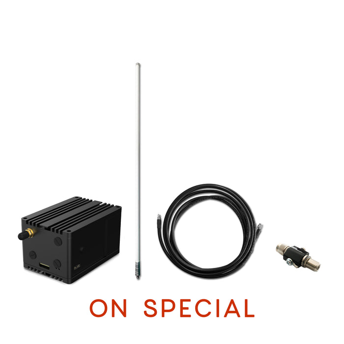 An image featuring a black RAK Helium Miner with an 11dB antenna, alongside a 5 meter black ultra low loss cable and a lightning protector, labeled 'ON SPECIAL'.