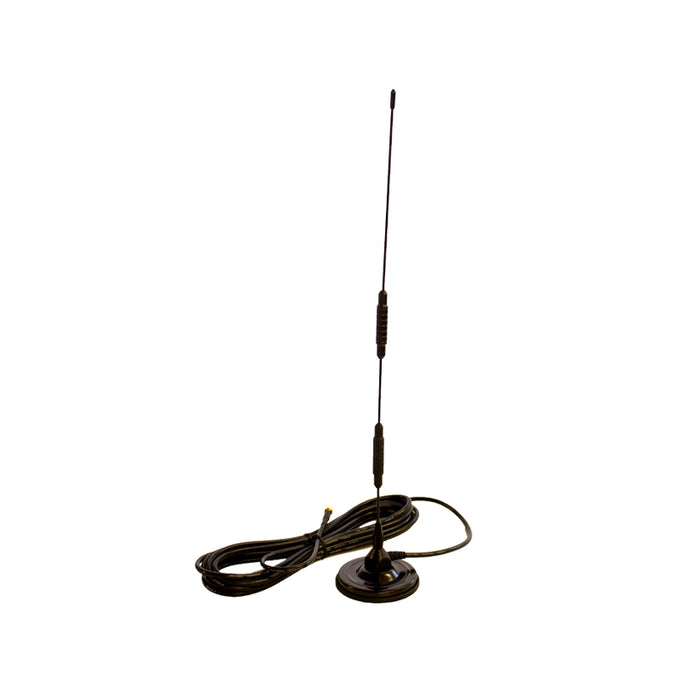 Omnidirectional magnetic base antenna with a vertical whip, a round base, and attached coaxial cable.