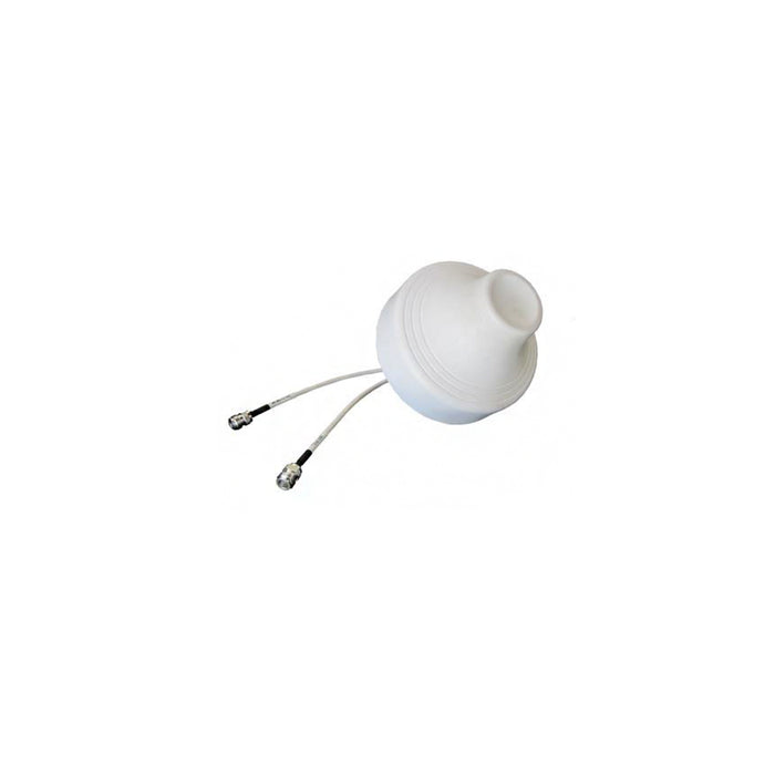 A white omni-directional ceiling antenna with two attached short cables with N type female connectors.