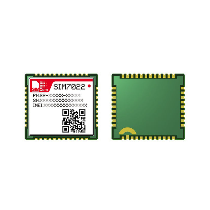 An electronic module labeled SIM7022 with a QR code and technical information on the top surface, displayed against a white background.