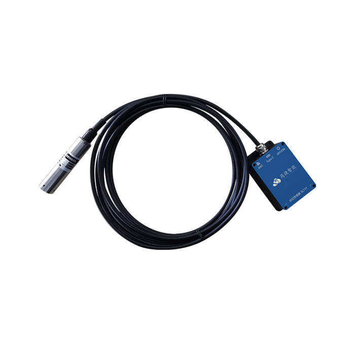 A water level sensor with a stainless steel probe and a blue circuit board, connected via a cable.