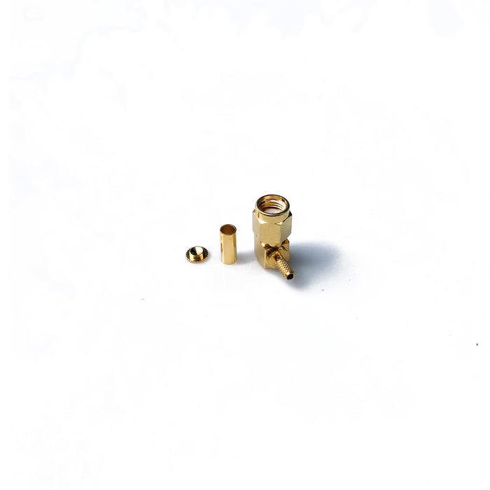 SMA-01-52-RP-L-TGG • SMA right angle, reverse polarity connector for RG174 cable