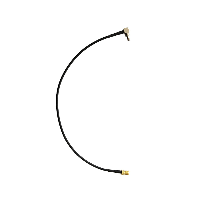 A black CRC9 to SMA female adaptor cable with a right angle plug on one end and an SMA female connector on the other.