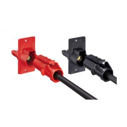 An image showing two Hirose high power connectors, one in red and the other in black, designed for heavy-duty electrical applications.