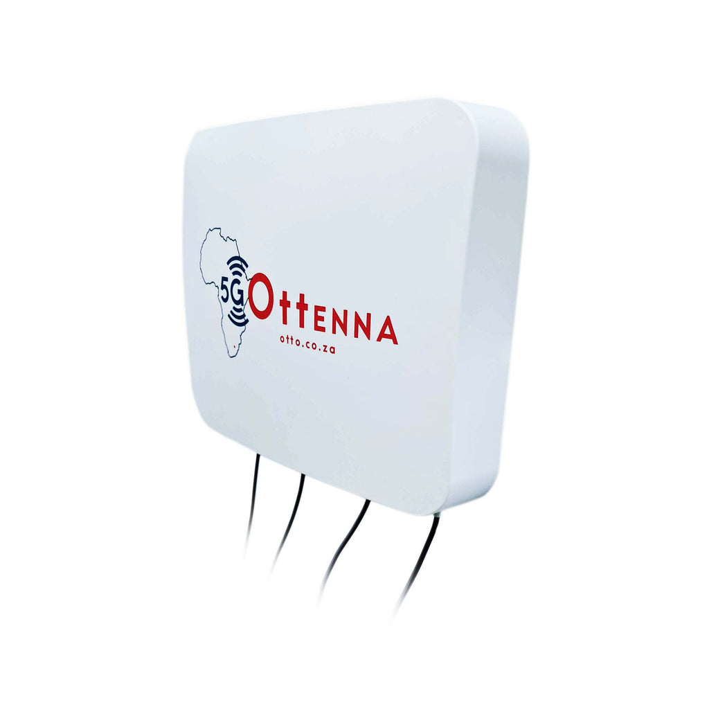 3/4 view. White 5G Ottenna antenna on a white background