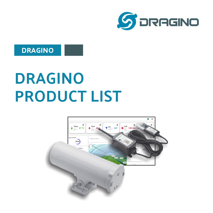Dragino product list with a white device and monitor on a white background