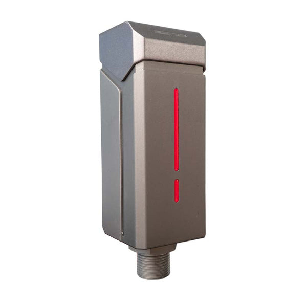 Metallic sensor with red indicator on a white background