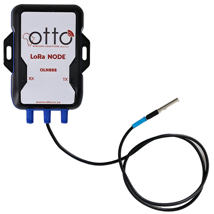 LoRa node module with cable, temperature sensor prode and 'otto' branding on a white background