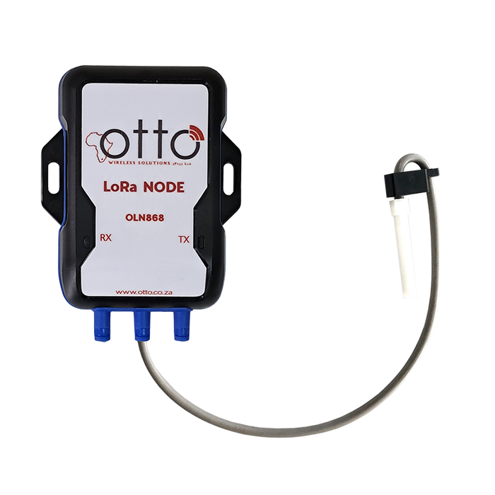 LoRa node module with a water sensor prode and 'otto' branding on a white background